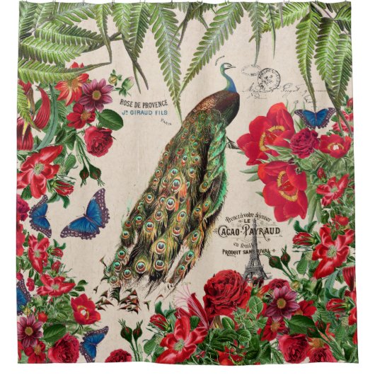 Morpho Butterflies Peacock Flowers Showgordijn Douchegordijn (Voorkant)