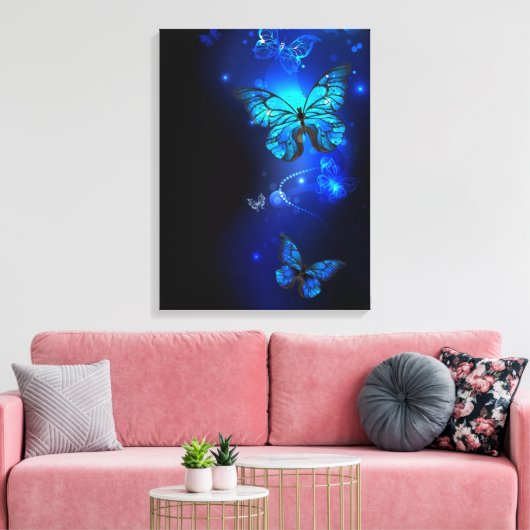Morpho Butterfly in de donkere achtergrond Canvas Afdruk (Insitu (Woonkamer))