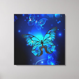 Morpho Butterfly in de donkere achtergrond Canvas Afdruk