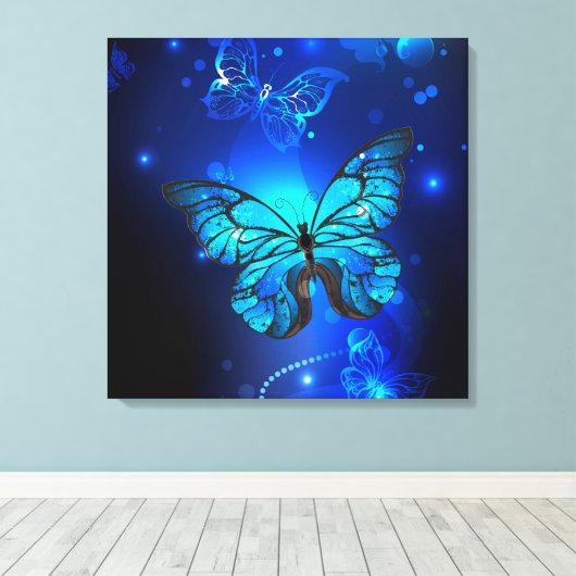 Morpho Butterfly in de donkere achtergrond Canvas Afdruk (Insitu (Houten vloer))
