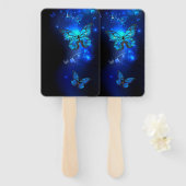 Morpho Butterfly in de donkere achtergrond Handwaaier (Voorkant en achterkant)