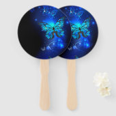 Morpho Butterfly in de donkere achtergrond Handwaaier (Voorkant en achterkant)