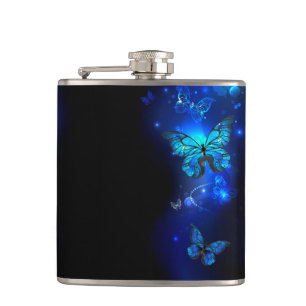 Morpho Butterfly in de donkere achtergrond Heupfles