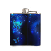 Morpho Butterfly in de donkere achtergrond Heupfles (Achterkant)