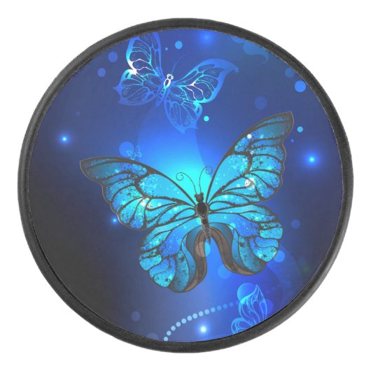 Morpho Butterfly in de donkere achtergrond Hockey Puck (Voorkant)