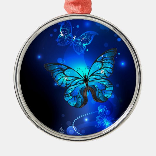 Morpho Butterfly in de donkere achtergrond Metalen Ornament (Voorkant)