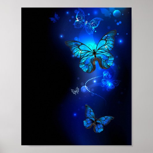 Morpho Butterfly in de donkere achtergrond Poster (Voorkant)