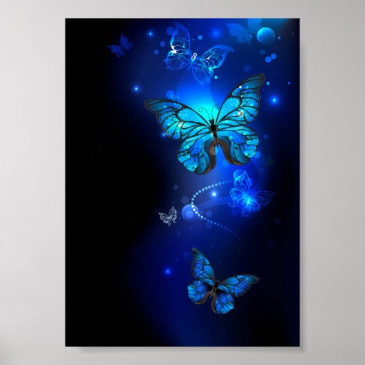 Morpho Butterfly in de donkere achtergrond Poster (Voorkant)