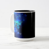 Morpho Butterfly in de donkere achtergrond Tweekleurige Koffiemok (Voorkant links)