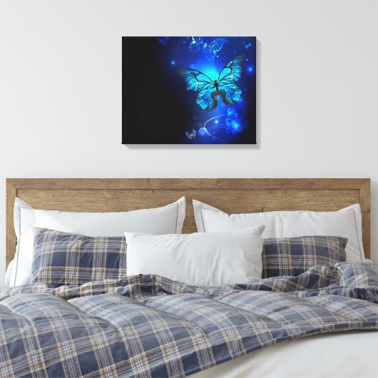Morpho Butterfly in the Dark Background Canvas Afdruk (Insitu (Slaapkamer))