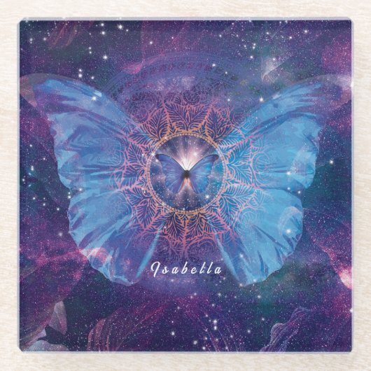 Morpho vlinder / Galaxy Mandala Glazen Onderzetter (Voorkant)