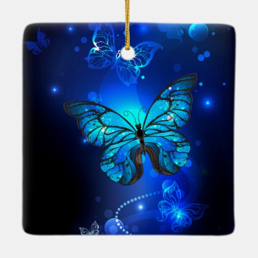 Morpho Vlinder op Donkere Achtergrond Keramisch Ornament (Achterkant)