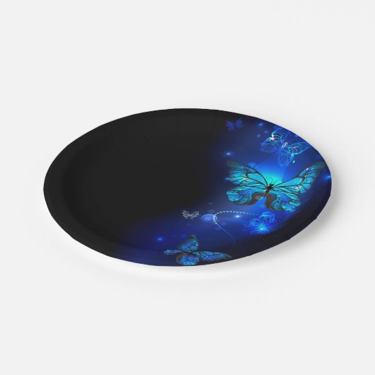 Morpho Vlinder op Donkere Achtergrond Papieren Bordje (Gekanteld)