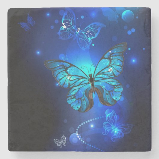 Morpho Vlinder op Donkere Achtergrond Stenen Onderzetter (Voorkant)