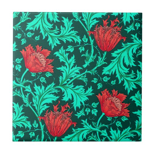 Morris Anemone Patter, Deep Red en Turquoise Tegel Tegeltje (Voorkant)