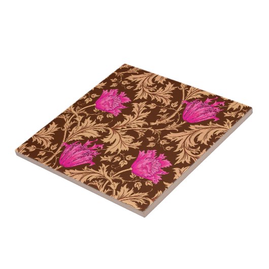 Morris Anemone Pattern Brown and Fuchsia Pink Tile Tegeltje (Zijkant)