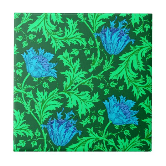 Morris Anemone Pattern, Emerald Green & Blue Tile Tegeltje (Voorkant)