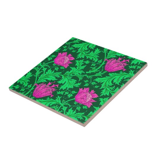 Morris Anemone Pattern, Emerald Green en Fuchsia Tegeltje (Zijkant)
