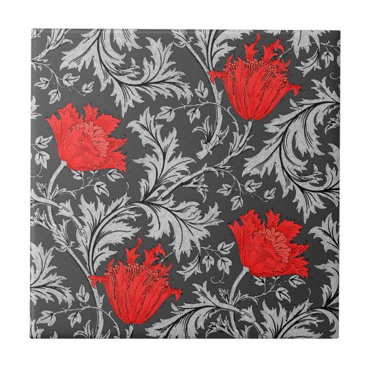 Morris Anemone Pattern, Grey/Grey en Red Tegeltje (Voorkant)