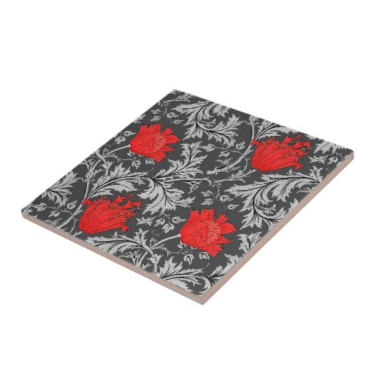 Morris Anemone Pattern, Grey/Grey en Red Tegeltje (Zijkant)