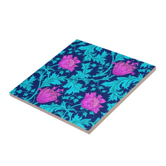 Morris Anemone Pattern, Navy, Turquoise en Magenta Tegeltje (Zijkant)