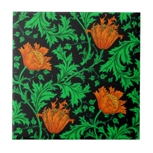 Morris Anemone Pattern, Sinaasappel, Groen en Zwar Tegeltje