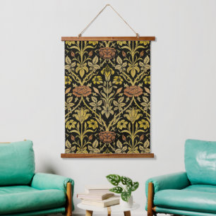Morris Black Achtergrond Roos & Lily Flower Patter Hangend Wandkleed
