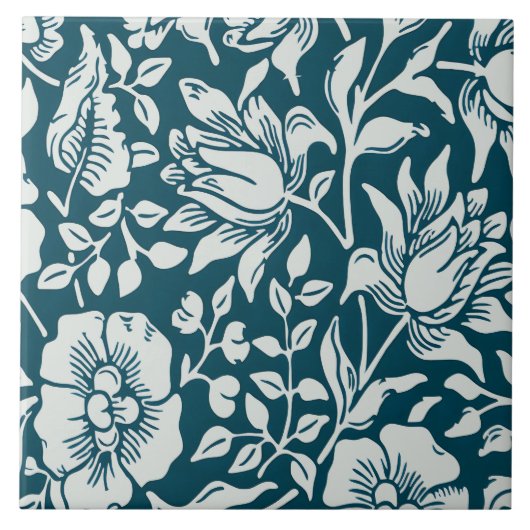 Morris Blauw & Wit Bloempatroon Tegeltje (Voorkant)