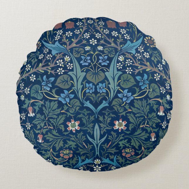 Morris Blue Achtergrond  Blackthorn Pattern Rond Kussen (Voorkant)