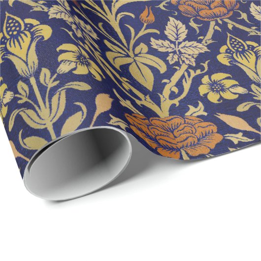 Morris Blue Achtergrond Roos & Lily Flower Pattern Cadeaupapier (Rol Hoek)