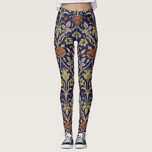 Morris Blue Achtergrond Roos & Lily Flower Pattern Leggings (Voorkant)