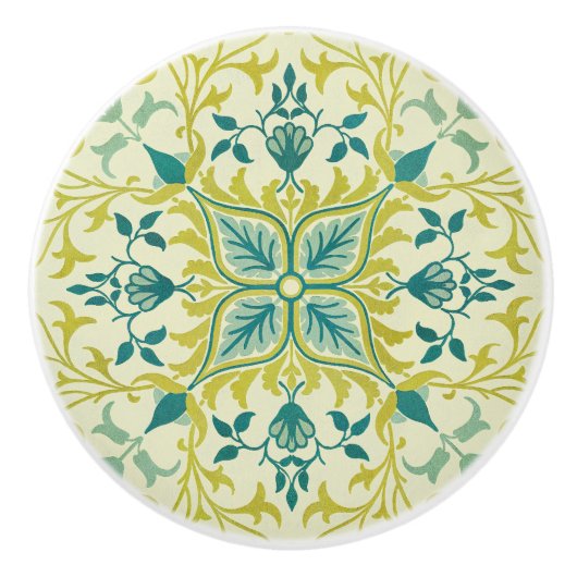 Morris Geel Turquoise Wijnstok & Bloem Motief Keramische Knop (Voorkant)
