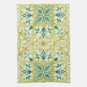 Morris Geel Turquoise Wijnstok & Bloem Motief Theedoek