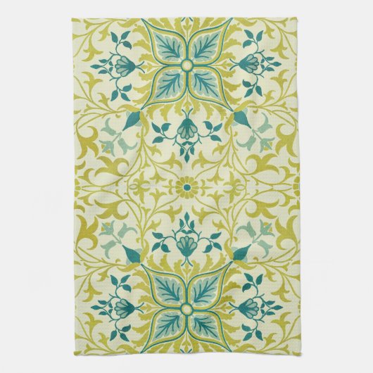 Morris Geel Turquoise Wijnstok & Bloem Motief Theedoek (Verticaal)