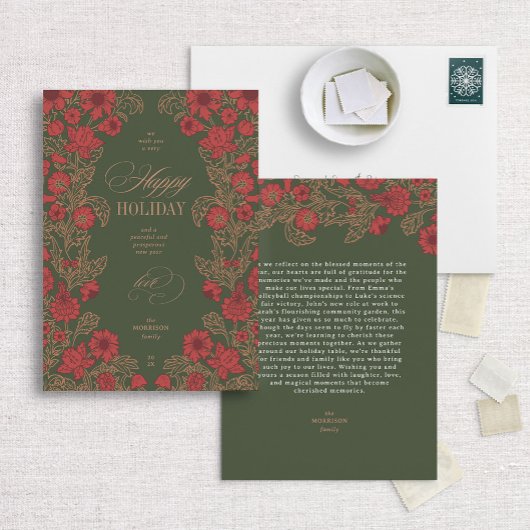 Morris-Inspired Floral Donkergroen Feestdagenkaart