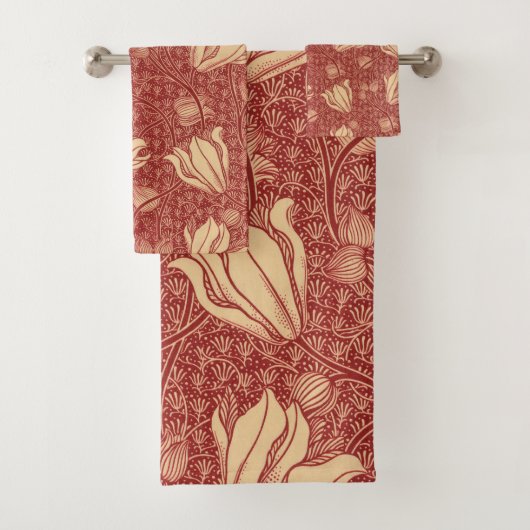 Morris Inspired Lily Flower Botanische rode textie Bad Handdoek (Insitu)