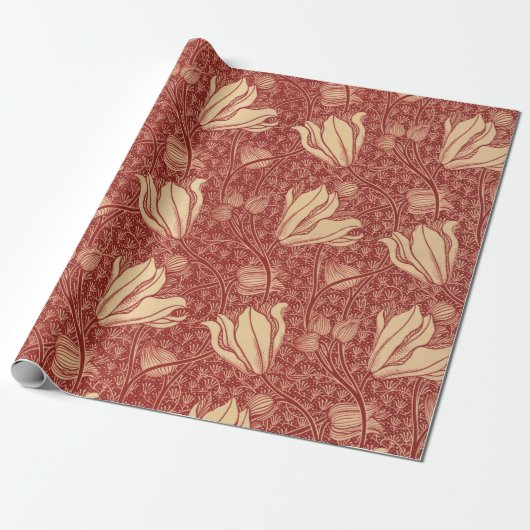 Morris Inspired Lily Flower Botanische rode textie Cadeaupapier (Uitgerold)