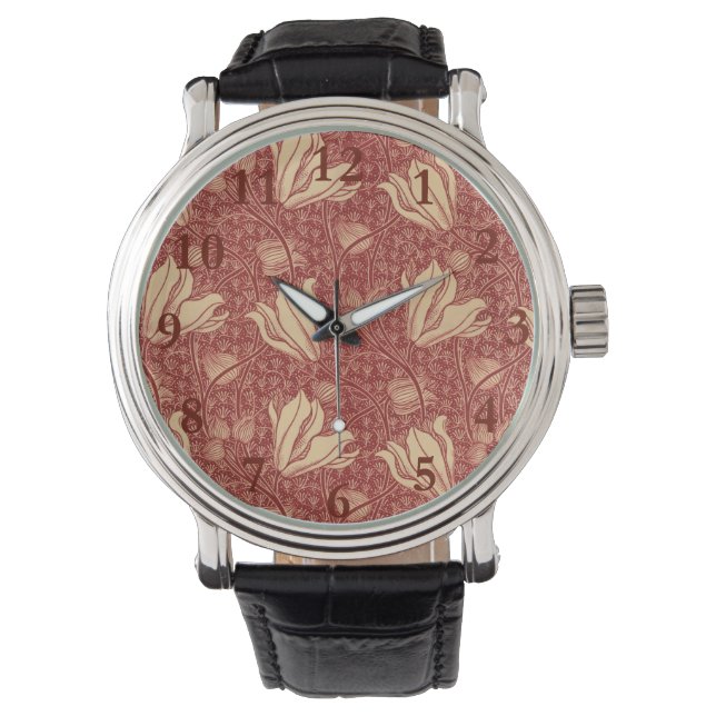 Morris Inspired Lily Flower Botanische rode textie Horloge (Voorkant)