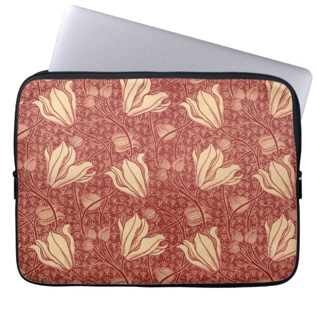 Morris Inspired Lily Flower Botanische rode textie Laptop Sleeve (Voorkant)
