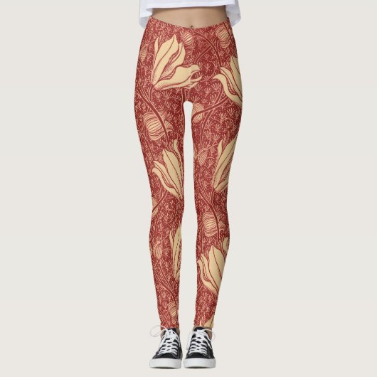 Morris Inspired Lily Flower Botanische rode textie Leggings (Voorkant)