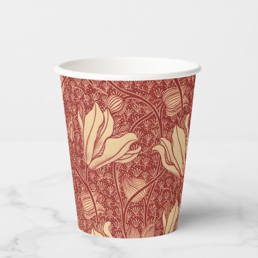 Morris Inspired Lily Flower Botanische rode textie Papieren Bekers (Voorkant)