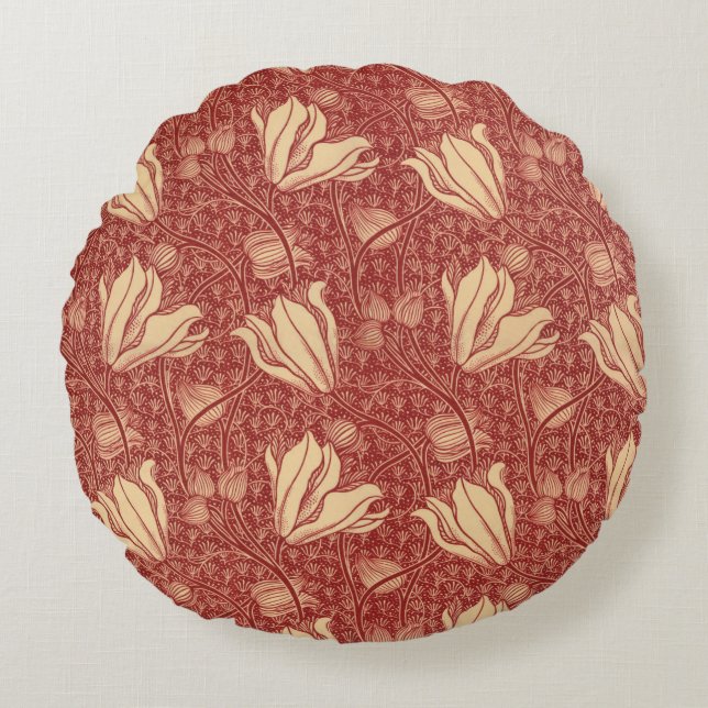 Morris Inspired Lily Flower Botanische rode textie Rond Kussen (Voorkant)