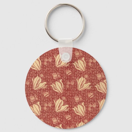 Morris Inspired Lily Flower Botanische rode textie Sleutelhanger (Voorkant)