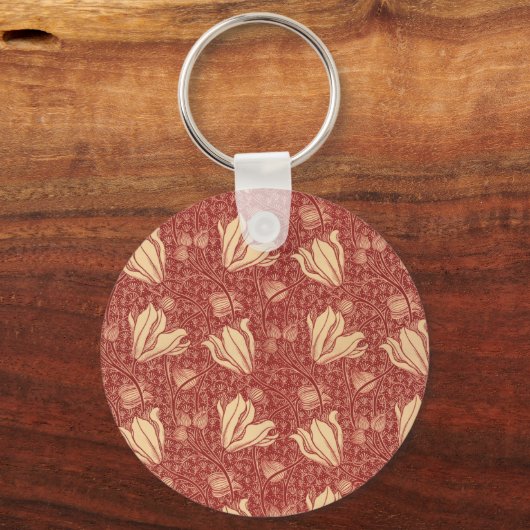 Morris Inspired Lily Flower Botanische rode textie Sleutelhanger (Voorkant)