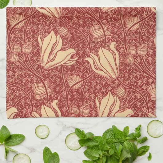 Morris Inspired Lily Flower Botanische rode textie Theedoek (Gevouwen)