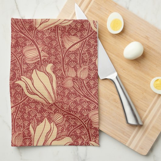 Morris Inspired Lily Flower Botanische rode textie Theedoek (Quarter Fold)