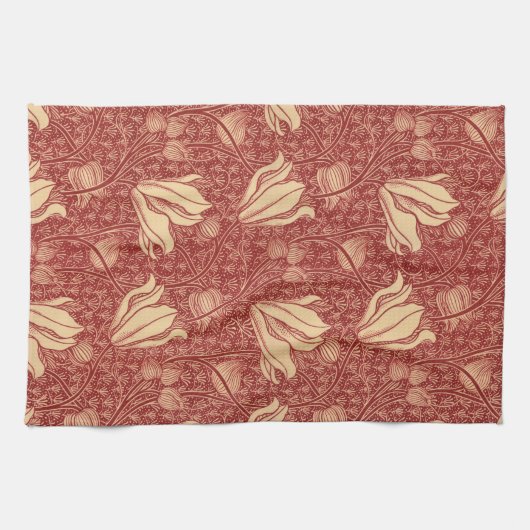 Morris Inspired Lily Flower Botanische rode textie Theedoek (Horizontaal)