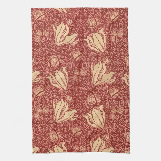 Morris Inspired Lily Flower Botanische rode textie Theedoek (Verticaal)