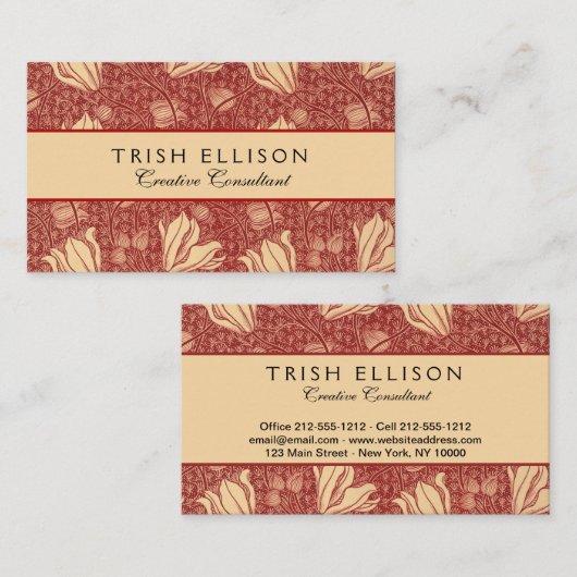 Morris Inspired Lily Flower Botanische rode textie Visitekaartje (Voorkant / Achterkant)