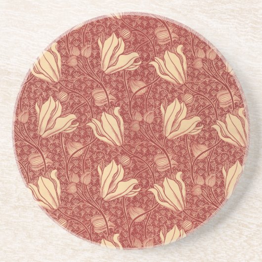 Morris Inspired Lily Flower Botanische rode textie Zandsteen Onderzetter (Voorkant)